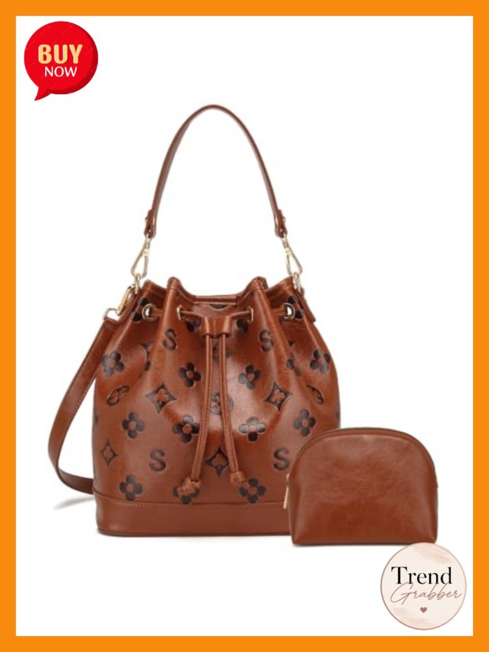 2 Piece Bucket Bag Set Embossed Vegan Leather Crossbody Shoulder Purse